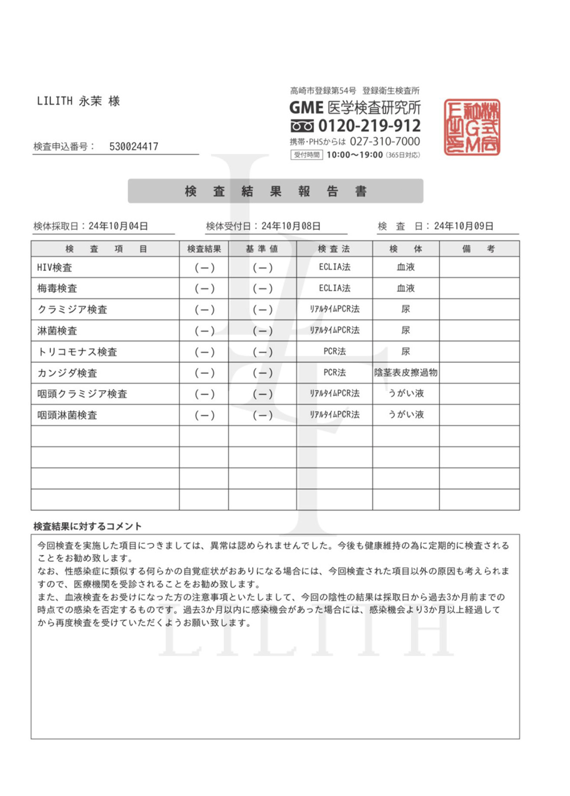 キャストの永茉の性病検査結果